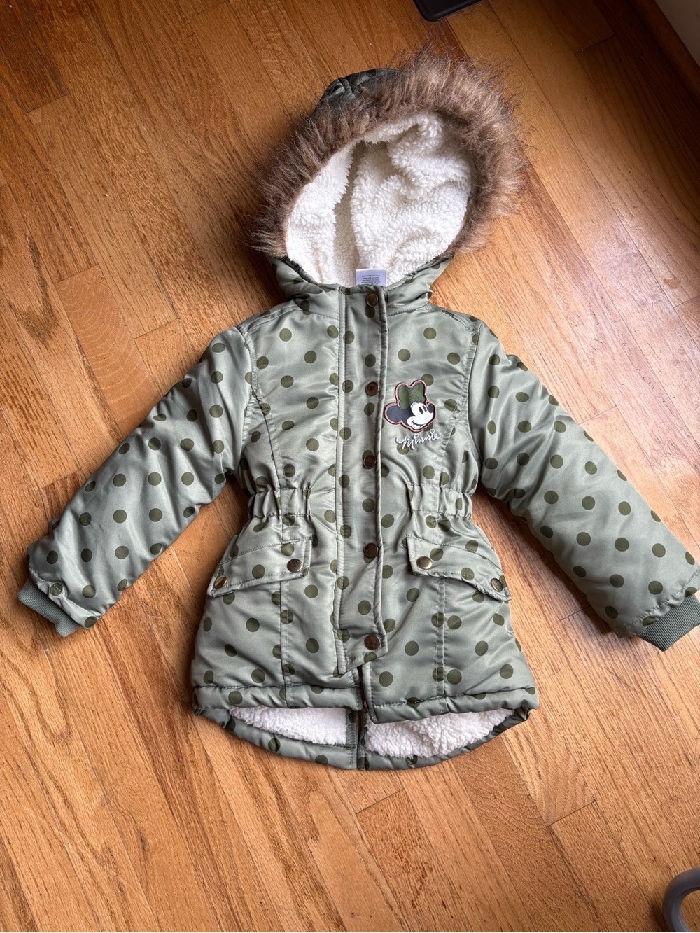 Disney Olive Green Polka Dot Hooded Puffer with Faux Fur Trim